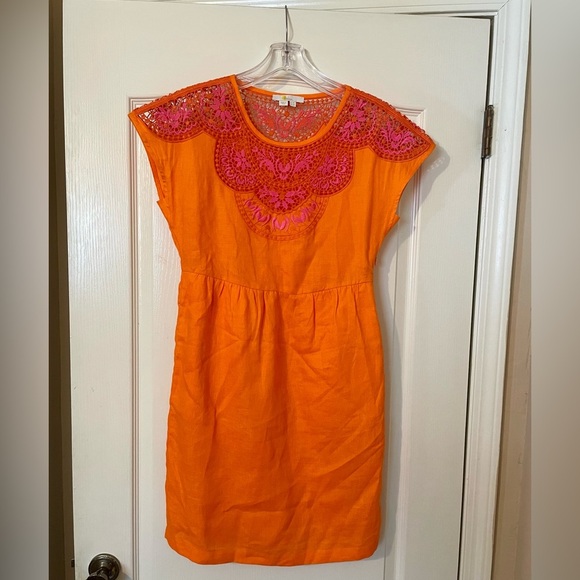 BODEN Fleur Embroidered 100% Linen Crochet Dress Orange Pink Size 2 Easter Party - Picture 2 of 9